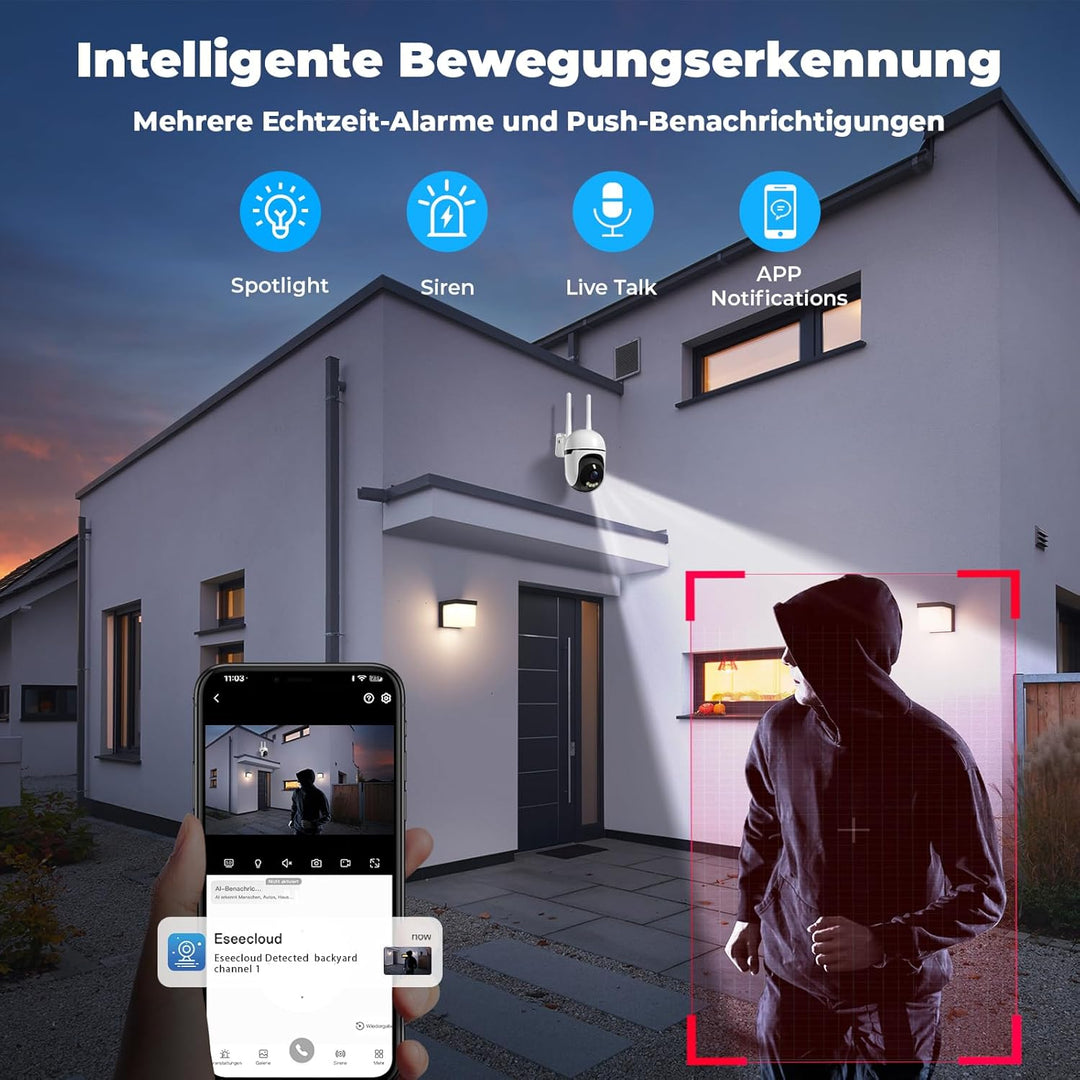 2K Überwachungskamera Aussen, WLAN 360° Kamera 3MP 2.4G & 5G WiFi mit Farbiger Nachsicht, IP66, Zwei