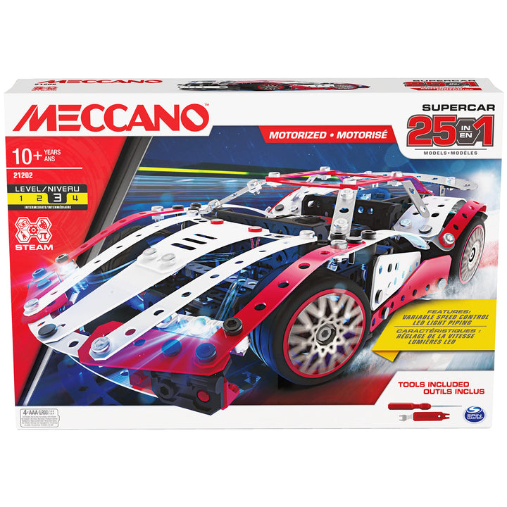 Meccano 25-in-1 Motorized Supercar STEM Model Building Kit with 347 Parts, Real Tools and Working Li