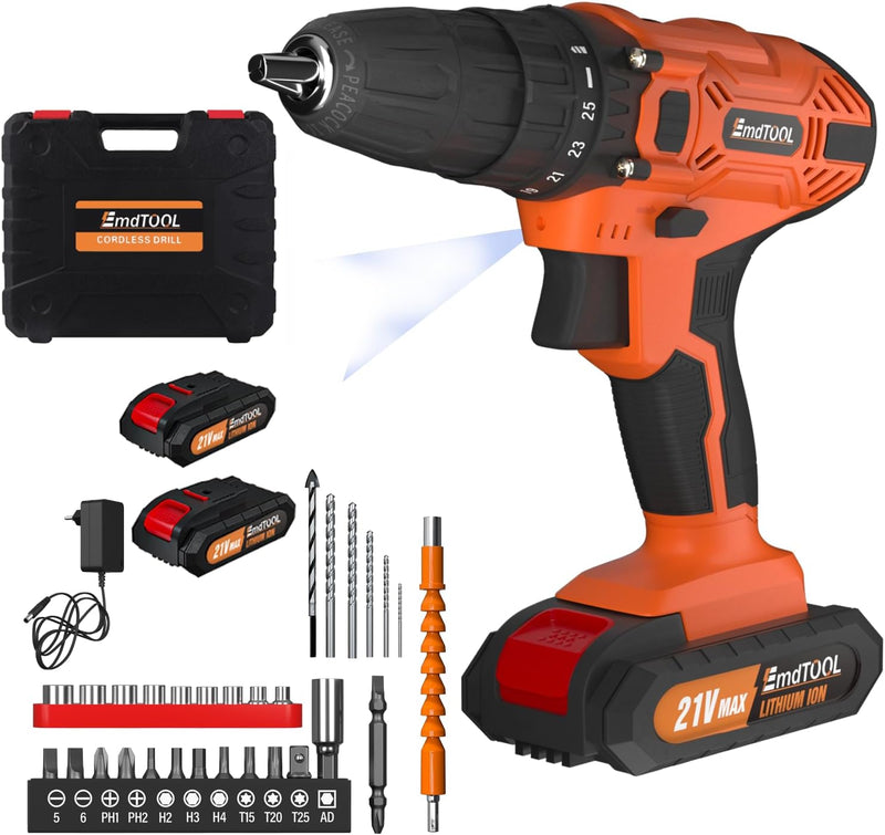 VickyHome 21V Akku-Schrauberbohrer mit 2x1500 mAh Akku, 0-400/0-1400U/min Einstellbare Geschwindigke