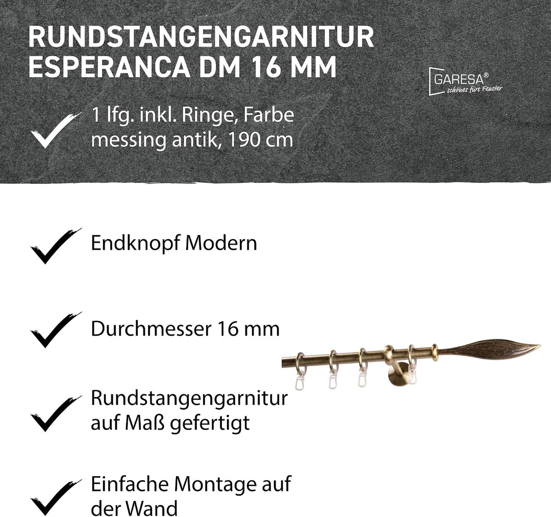 Garesa Gardinenstange Esperanca Ø 16mm, 1-läufig, Messing, antik I Rustikale Vorhangstange inkl. Rin