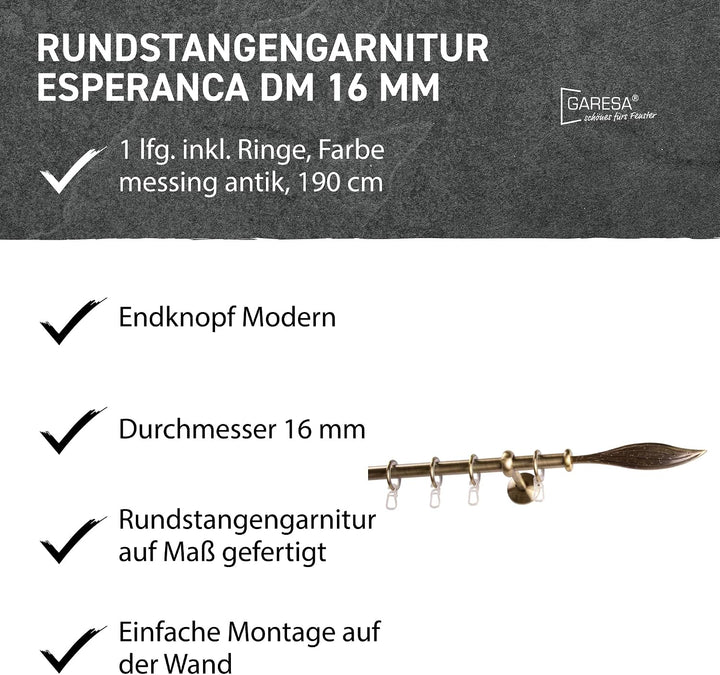 Garesa Gardinenstange Esperanca Ø 16mm, 1-läufig, Messing, antik I Rustikale Vorhangstange inkl. Rin