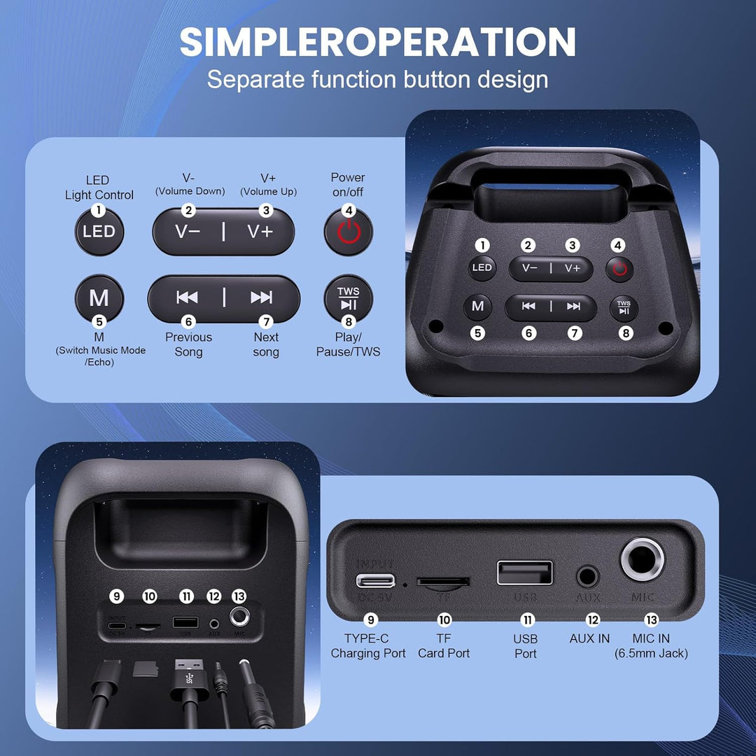 Karaoke Maschine mit 2 kabellosen Mikrofonen – 2x10W Tragbarer Bluetooth Lautsprecher, unterstützt T