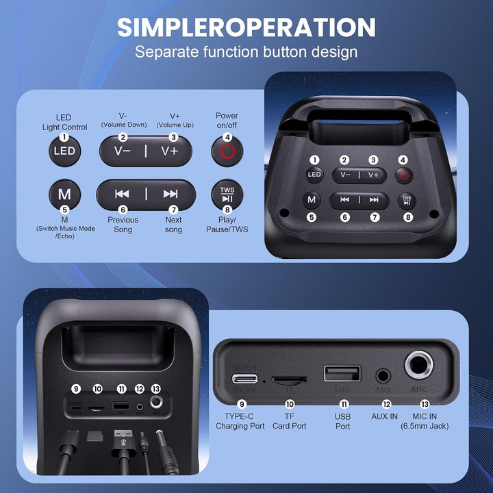Karaoke Maschine mit 2 kabellosen Mikrofonen – 2x10W Tragbarer Bluetooth Lautsprecher, unterstützt T