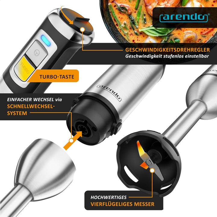 Arendo - Edelstahl Stabmixer 2000 Watt - Handmixer Set - Pürierstab - stufenlose Geschwindigkeit - T