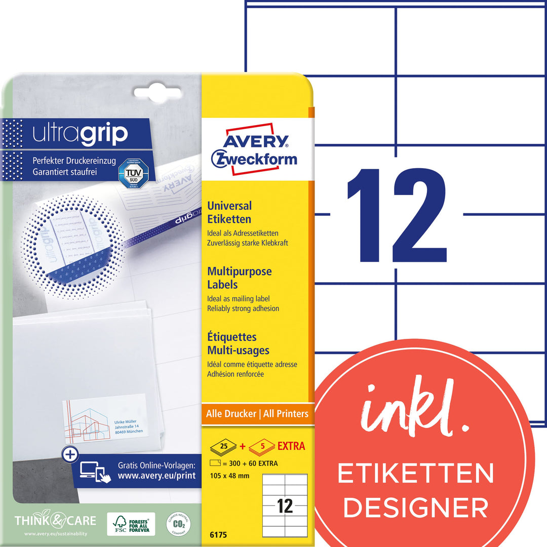 AVERY Zweckform 6175 Adressaufkleber (300 plus 60 Klebeetiketten extra, 105x48mm auf A4, Papier matt