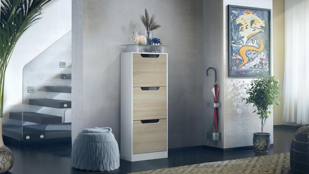 Vladon Schuhschrank Space V2, Schuhkipper für 12 Paar Schuhe mit 3 Klappen und Glasablage, Weiss mat