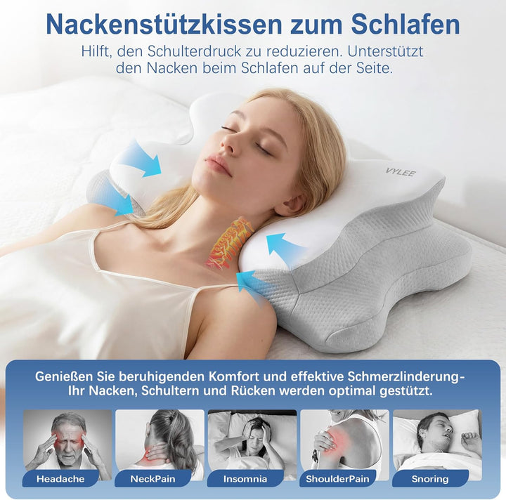VYLEE Ergonomisches Nackenkissen Memory Foam Kopfkissen für Rücken-, Seiten- und Bauchschläfer, Schl