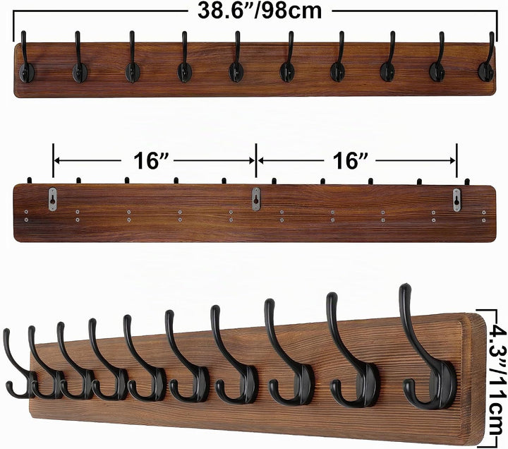 SKOLOO Garderobenleiste Holz Braun, 98 cm langer, hölzerner Kleiderhaken Wand, Rustikaler Stil, Stab