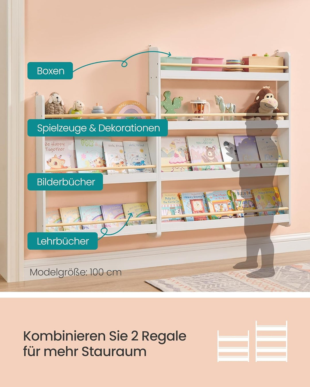 SONGMICS Bücherregal Kinder, Kinderregal mit 3 Ebenen, Spielzeugregal, Wandregal, für Kinderzimmer,