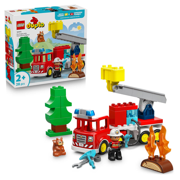 LEGO DUPLO Town Löschauto mit Schlauch und Feuerwehrmann- Lernspielzeug für Motorik - Rotes Feuerweh