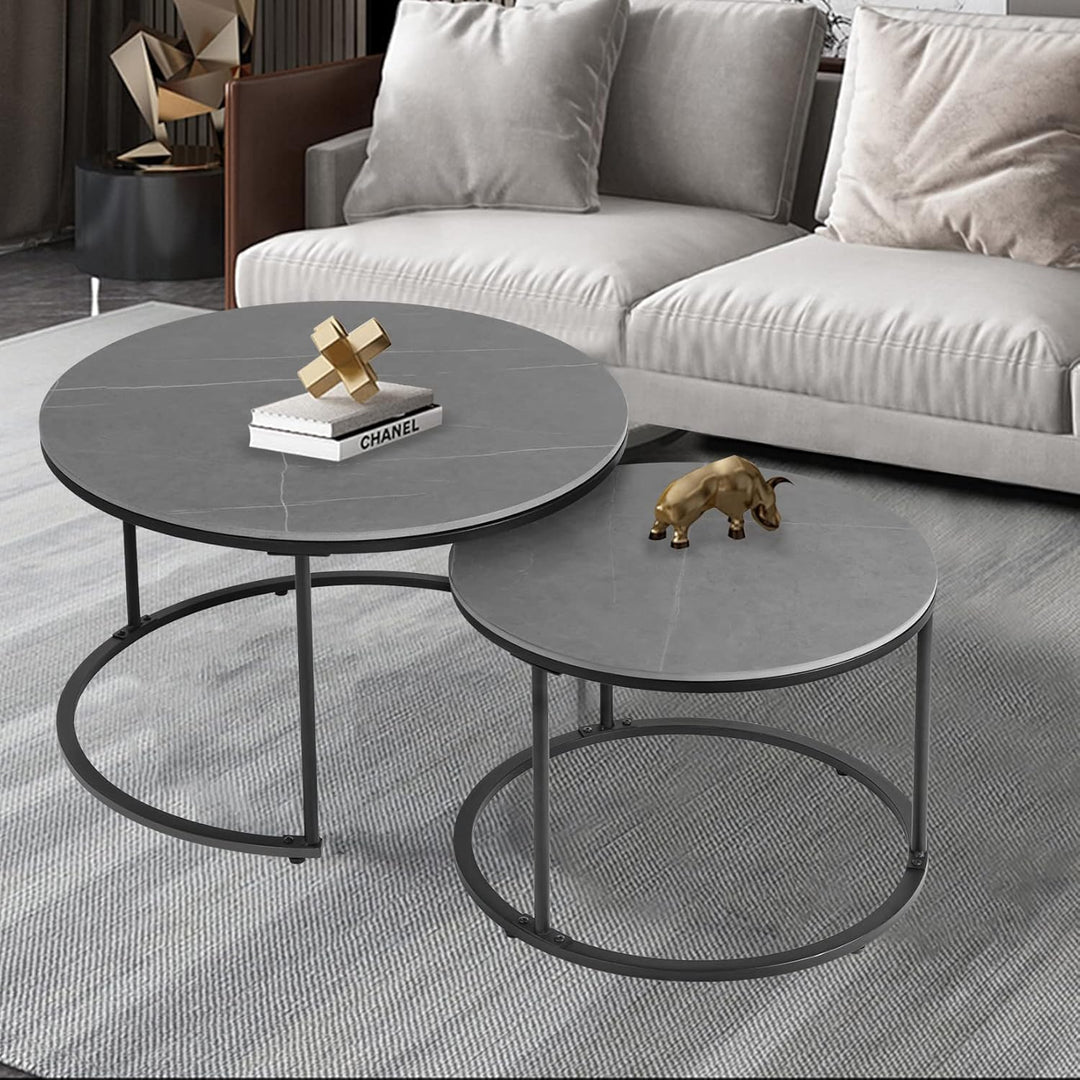 FATIVO Marmor Couchtisch 2er Set: Satztisch Rund Wohnzimmertisch mit schwarz Metallrahmen - Satztisc