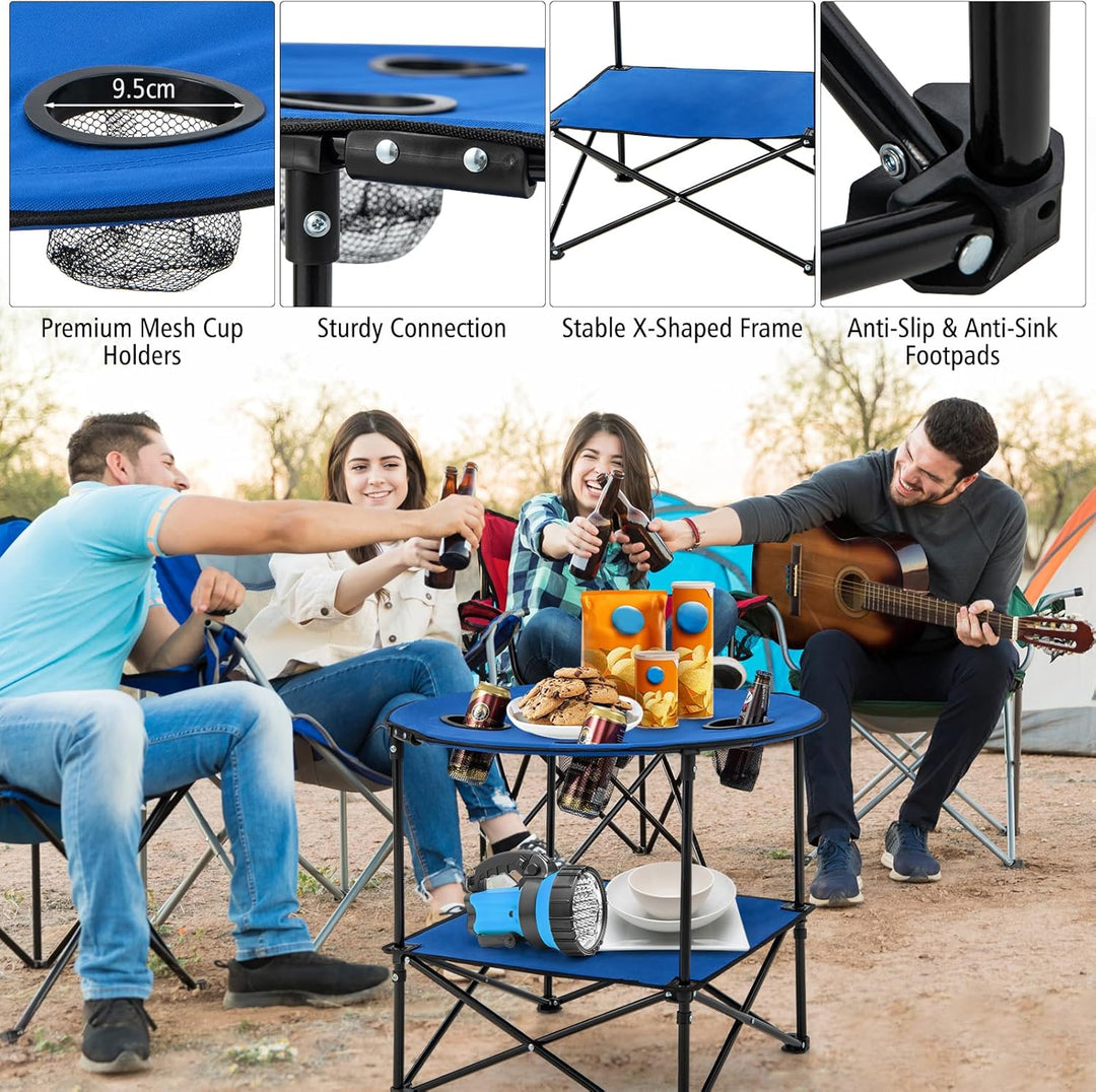 KOMFOTTEU Ø72cm Campingtisch klappbar, Picknicktisch mit 4 Becherhaltern, Strandtisch rund mit Trage