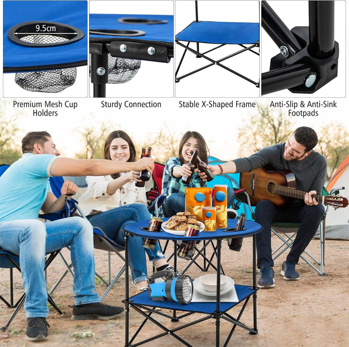 KOMFOTTEU Ø72cm Campingtisch klappbar, Picknicktisch mit 4 Becherhaltern, Strandtisch rund mit Trage