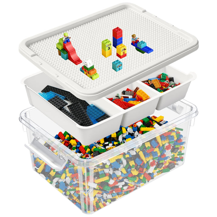 Aufbewahrungsbox Spielzeug mit Deckel, AbnehmbaresTablett und Bauplatte,Spielzeug Box für Bausteine,