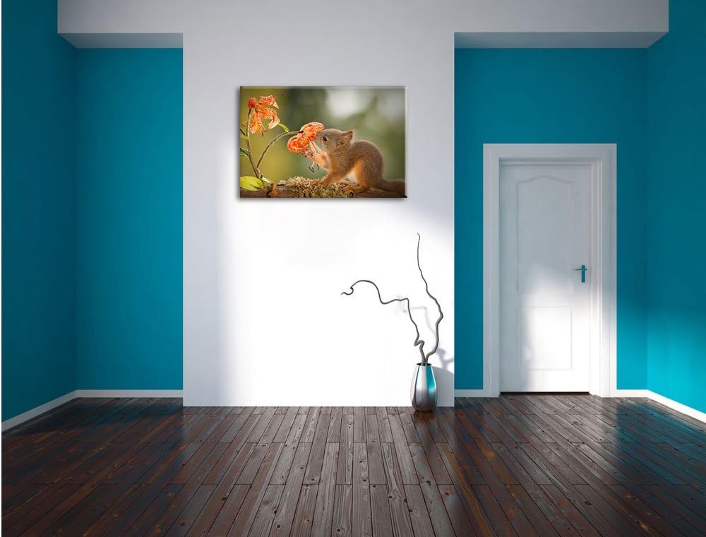 Pixxprint süsses Eichhörnchen riecht an Einer Blume, Format: 100x70 auf Leinwand, 100x70