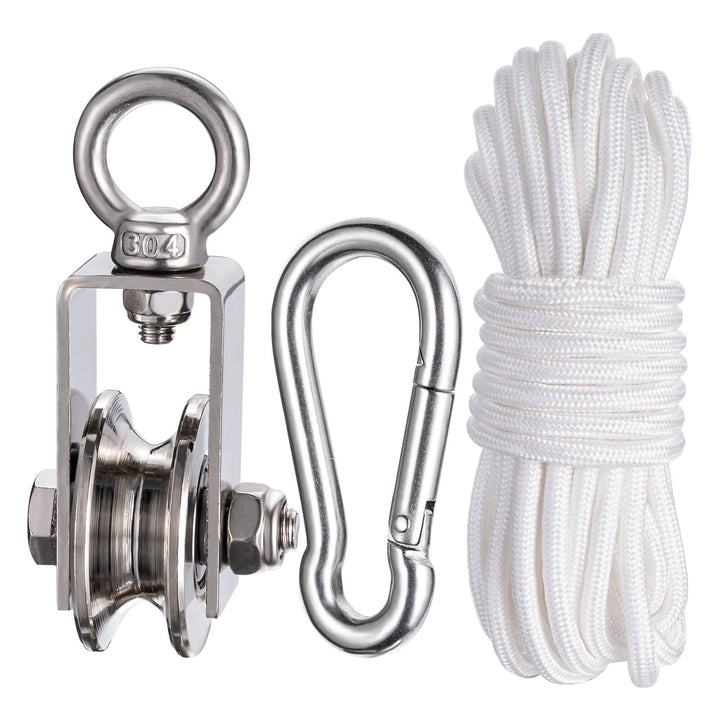 40mm Umlenkrolle mit 2 Kugellager, Edelstahl Fitness flaschenzug mit 10m Nylon Seile und Clip，Umlenk