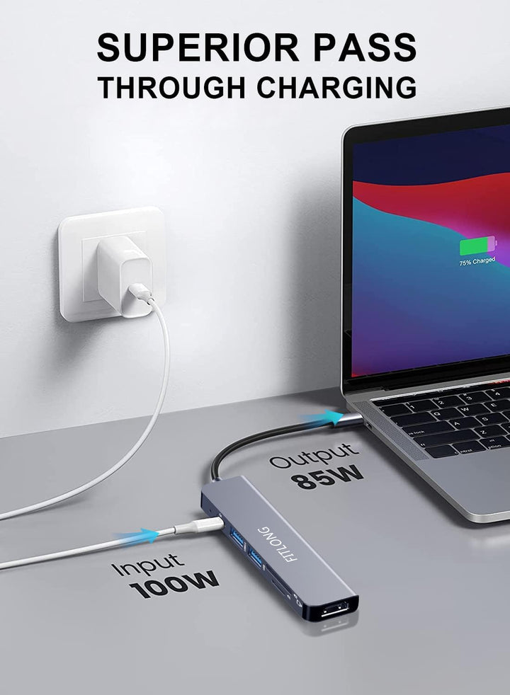 FITLONG USB C Hub, USB C Adapter kompatibel mit MacBook Pro / Air Adapter, 6 in 1 mit 4K HDMI Ausgan