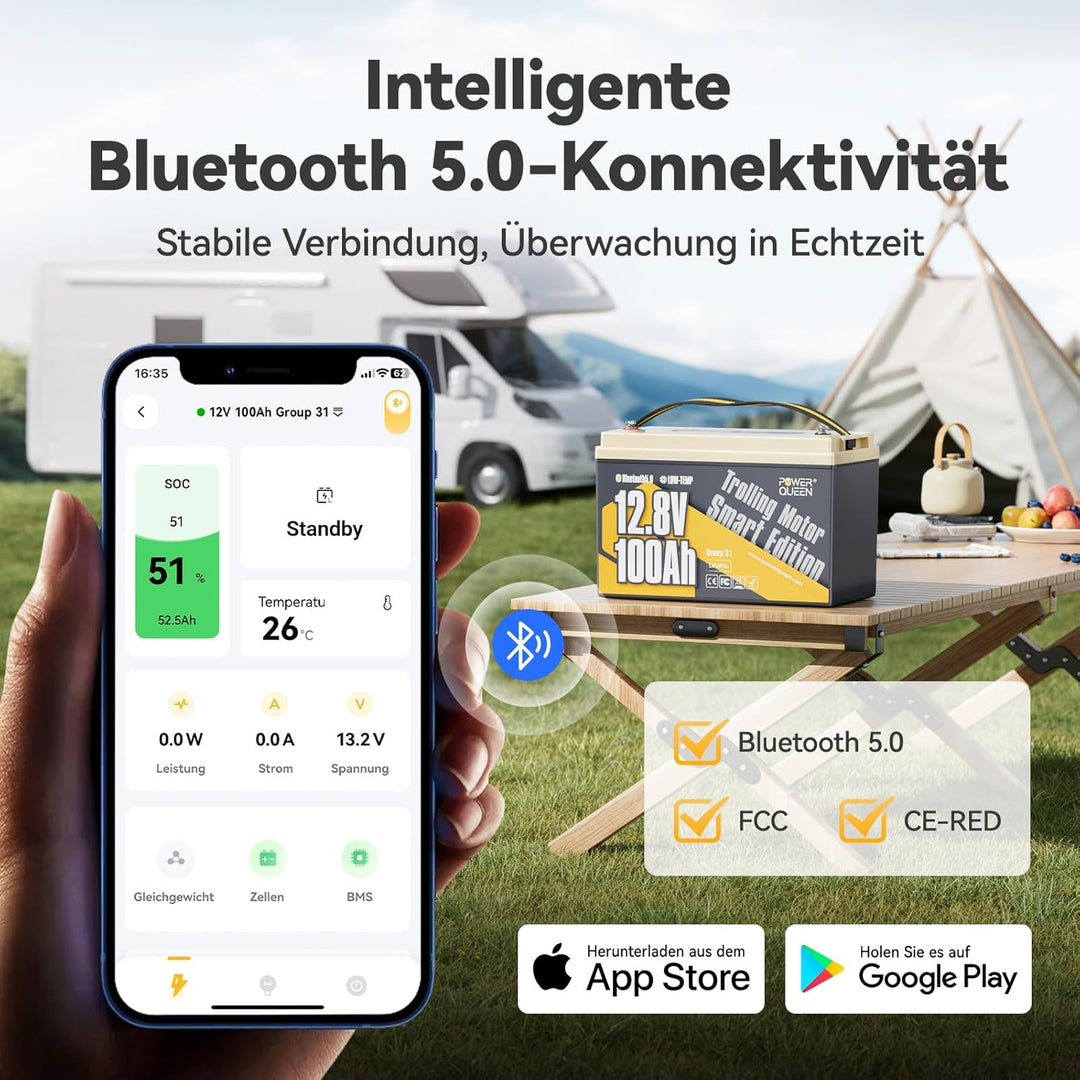 Power Queen LiFePO4 12V 100Ah Bluetooth Batterie, mit Tieftemperaturschutz und 100A BMS, Max. 15000