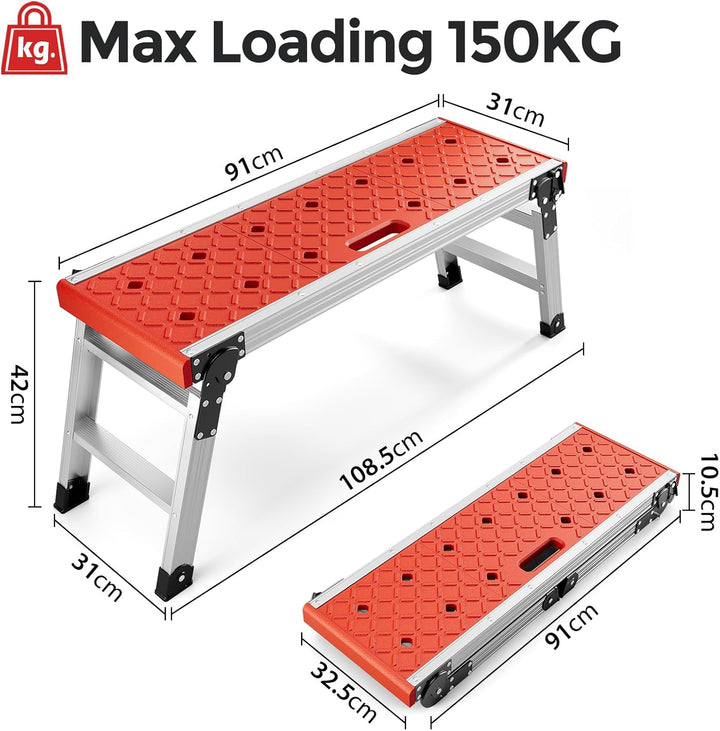 KINGRACK Klappbare Arbeitsplattform, Aluminium Stufenleiter Plattformleiter mit rutschfesten Gummifü
