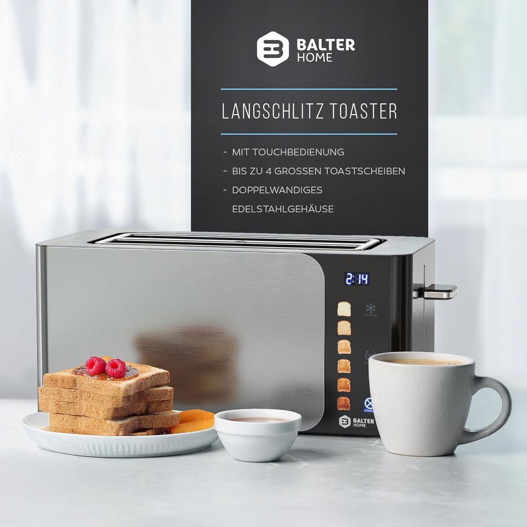 Balter Toaster 4 Scheiben, Touch Bedienung, Langschlitz, Edelstahl, Brötchenaufsatz, LCD Display Lan