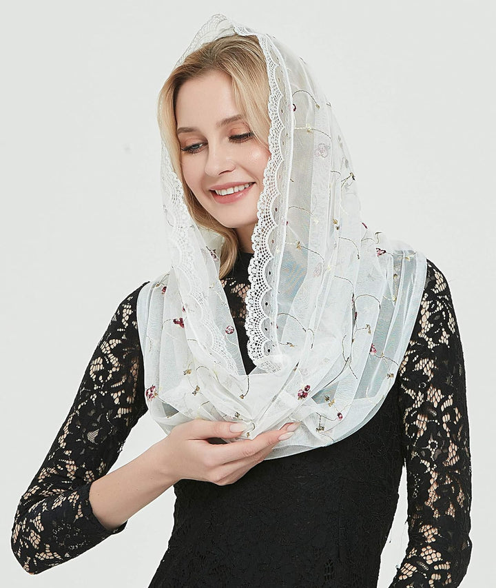 Orthodoxer Schleier Kopfbedeckung mit bestickten Blumen Katholische Kapelle Mantilla Schleier V50 El