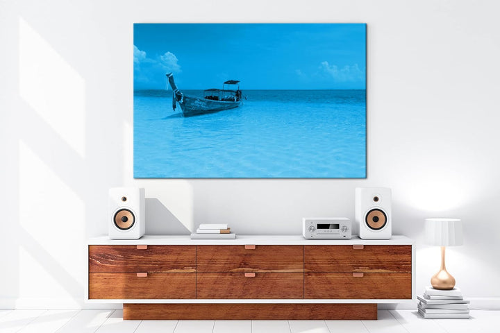 deyoli Boot am Meer Format 80x60 Effekt: Monocrome Blau als Leinwandbild, Motiv fertig gerahmt auf E