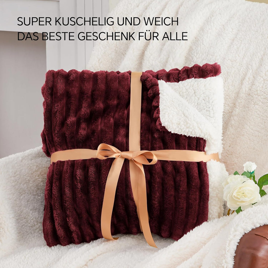 BEDELITE warme Decke Sherpa Kuscheldecke Flauschig Burgund XXL 220x240 | dicke Deko Fleecedecke, Cor