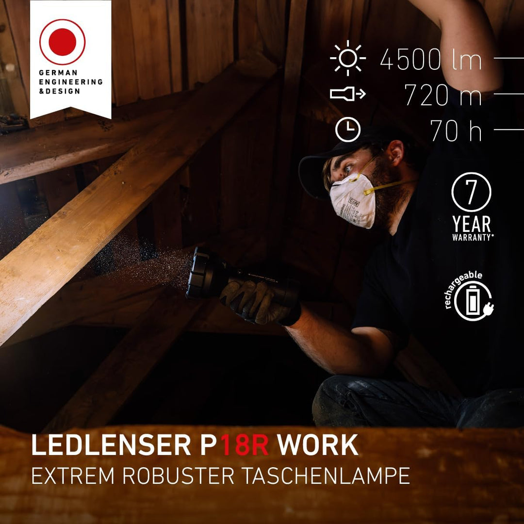 Ledlenser P18R Work Robust Taschenlampe LED, Suchscheinwerfer, aufladbar mit Lithium Akku, 4500 Lume