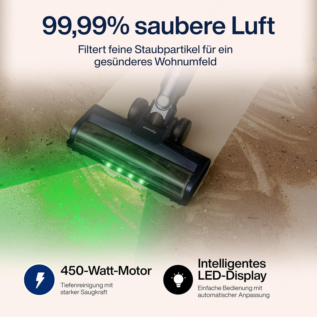 Samako CleanDetect Handstaubsauger Akku – 450W Leistungsstarker Stielstaubsauger mit LED-Schmutzerke