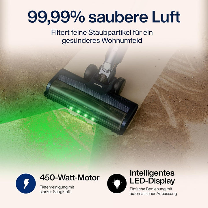 Samako CleanDetect Handstaubsauger Akku – 450W Leistungsstarker Stielstaubsauger mit LED-Schmutzerke