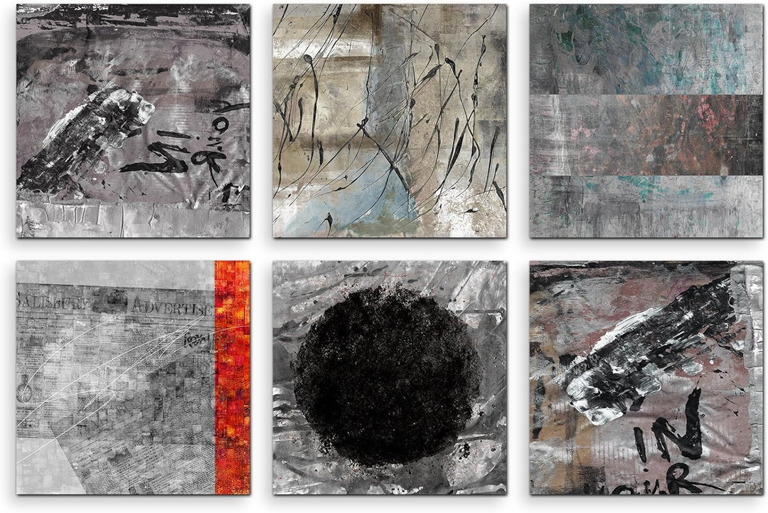 Paul Sinus Art Exklusive Bilder auf Leinwand bespannt (6 Stück 30x30cm) - Abstrakt Grautöne Schrift