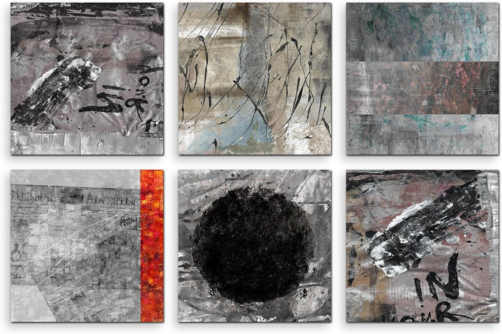 Paul Sinus Art Exklusive Bilder auf Leinwand bespannt (6 Stück 30x30cm) - Abstrakt Grautöne Schrift