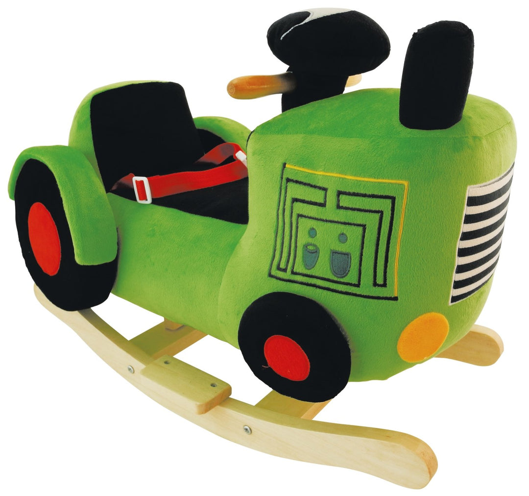 Bieco Plüsch Schaukeltier Traktor 60 cm | Kinder Schaukelstuhl mit Sicherheitsgurt | Baby Schaukel |