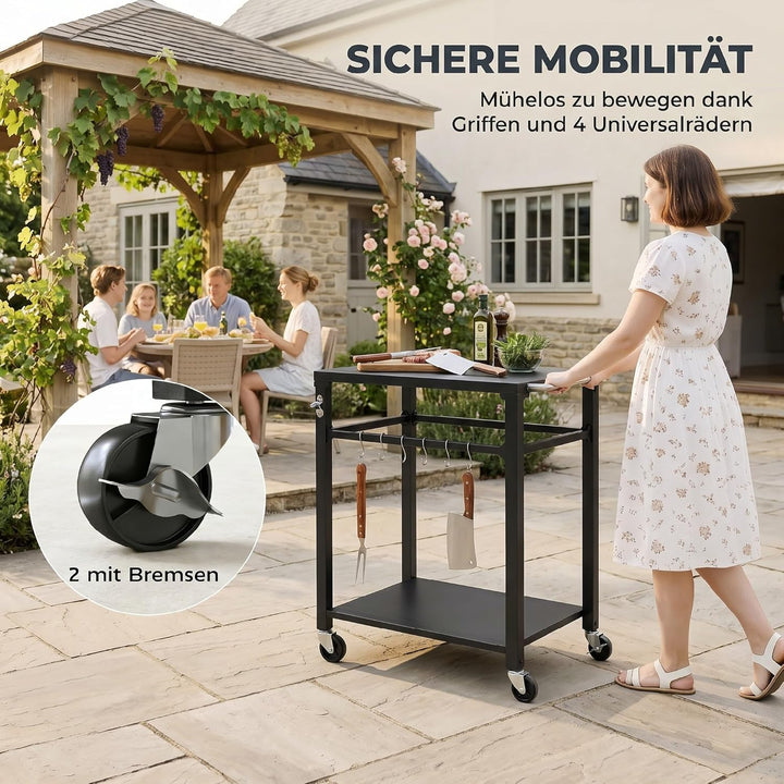 Outsunny Grillwagen 2-Etagen Grilltisch mit Metalloberfläche, Griff und Haken, mobiler Servierwagen