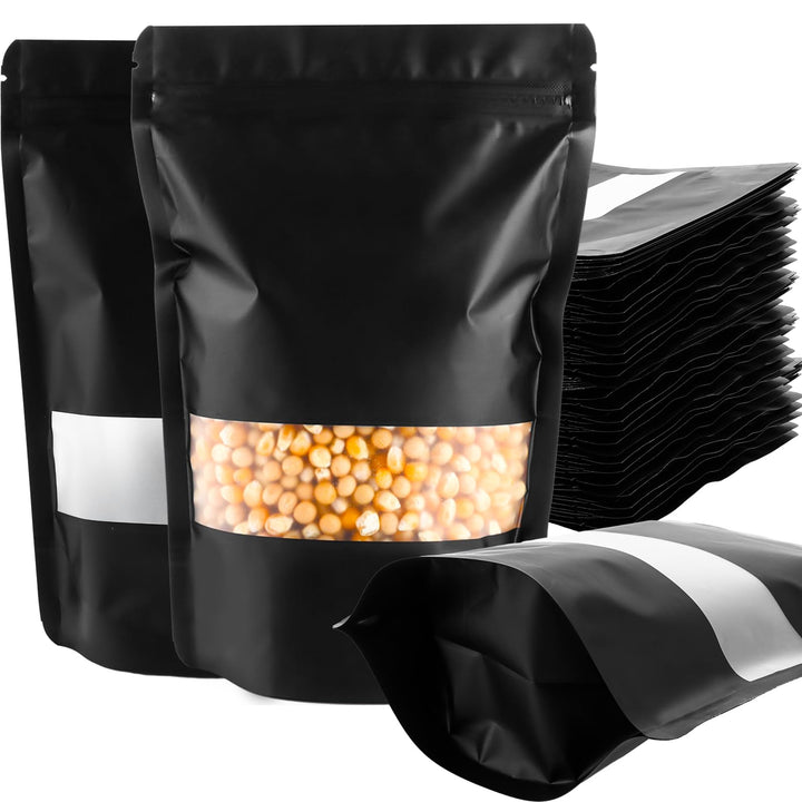 MIVIDE 100 Stück Wiederverschliessbare Mylar Beutel, 15 x 22 cm Standbodenbeutel mit Fenster Schwarz