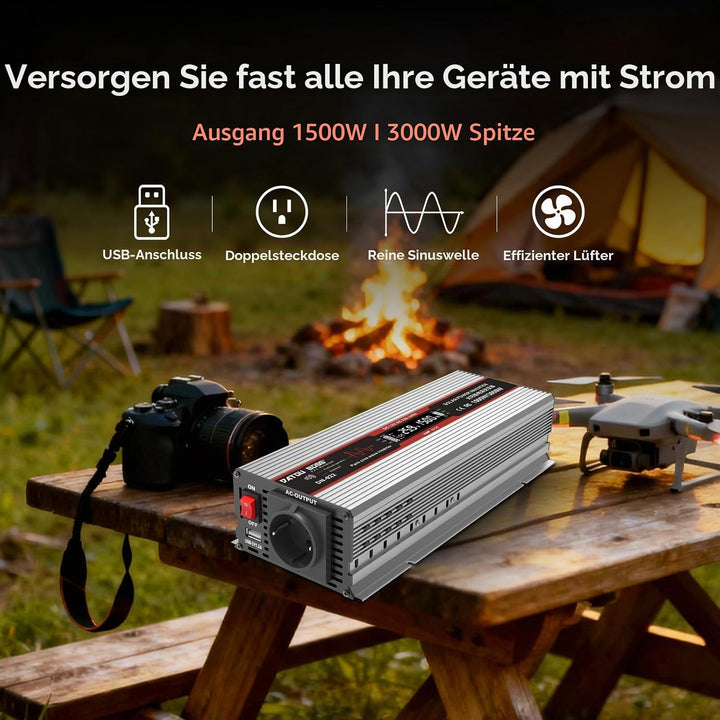 DATOUBOSS Wechselrichter 24v auf 230v Reiner Sinus 1500W/3000W Spannungswandler mit LCD-Display,USB