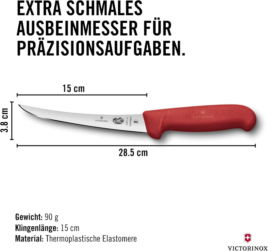 Victorinox Fibrox Ausbeinmesser, Scharfes Küchenmesser für Fleisch und Fisch, 15 cm, Gebogene Klinge