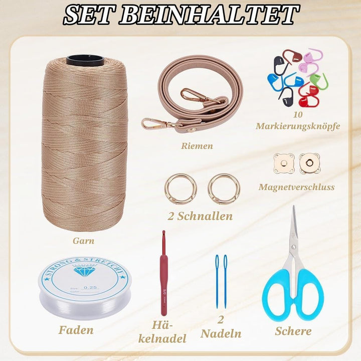 FREEBLOSS DIY Set Zur Herstellung von Häkeltaschen Häkel Starter Mit Video Tutorial Griff Aus PU Led