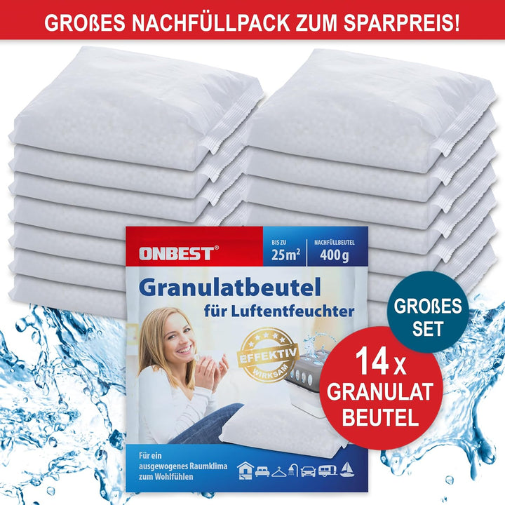ONBEST Grosses 14 x 400g Nachfüllbeutel Granulat Set – Nachfüllpack für alle Luftentfeuchter Entfeuc