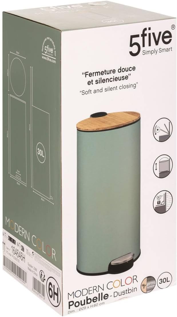 5five – Moderner Farb-Treteimer – Grün – 30 l – Bambusdeckel, herausnehmbarer Eimer, Soft-Close-Funk