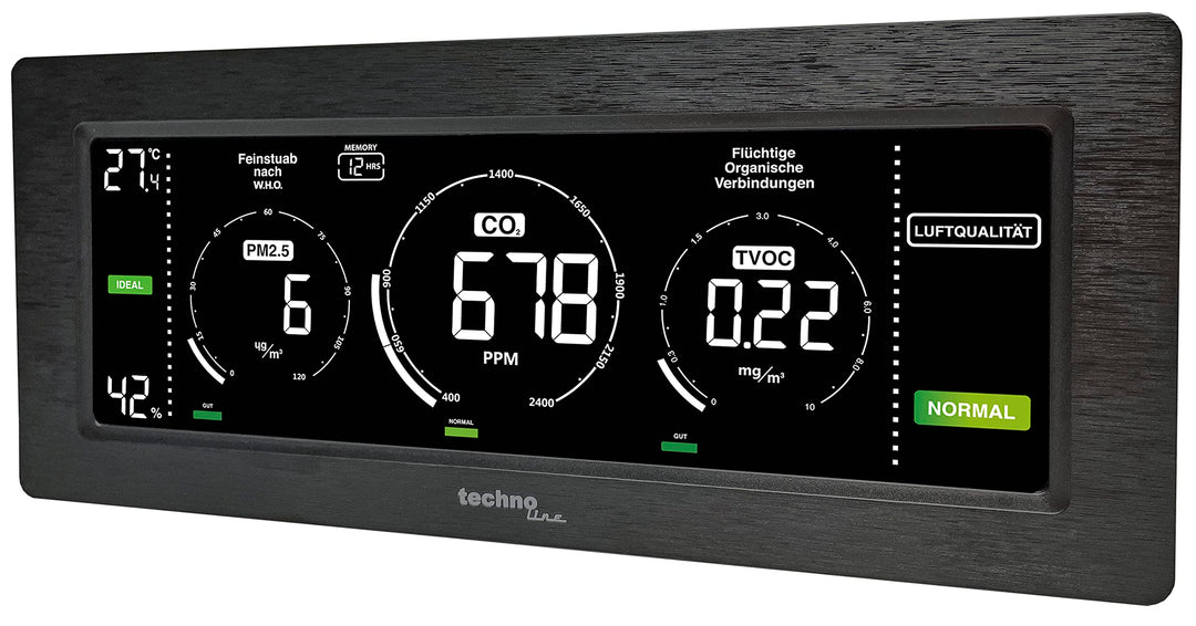 Technoline Luftgütemonitor, farbige Darstellung Co2 und TVOC Konzentration, Anzeige der Feinstaub -,