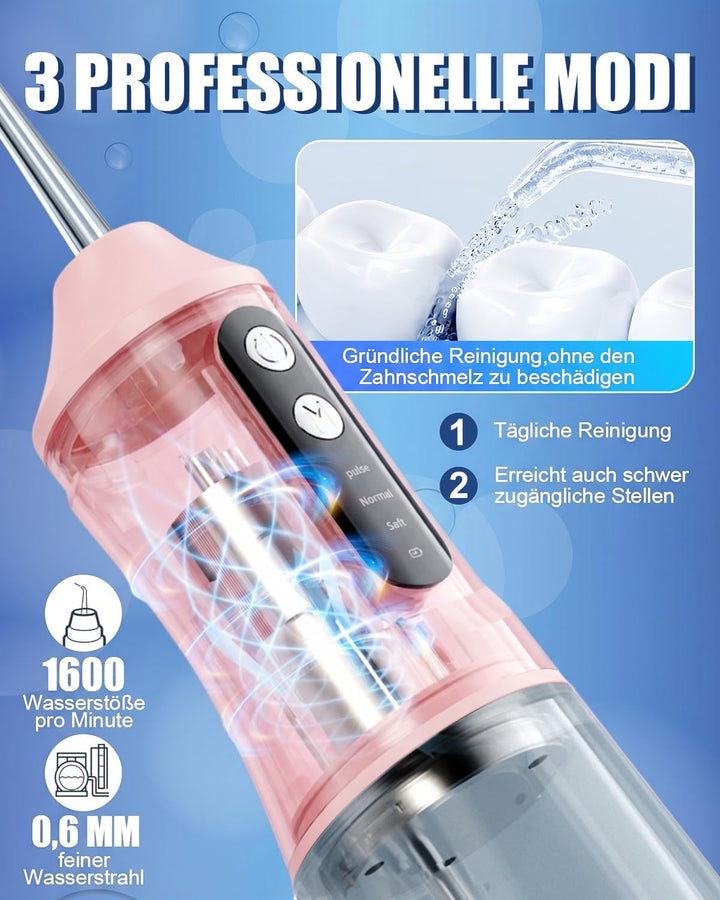 Munddusche Kabellos Elektrisch, 2026 380ml Wassertank, 3 Modi & 4 Düsen, 1600 Wasserstösse/Min, IPX7