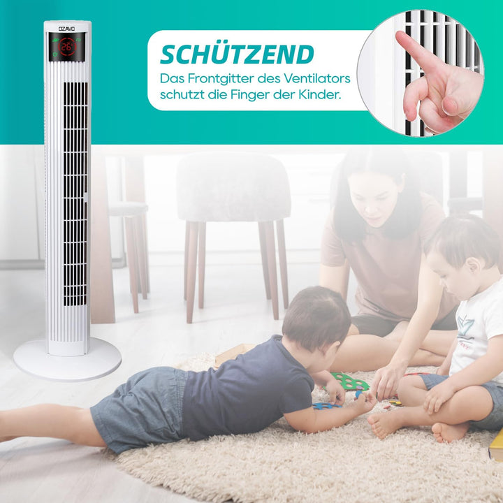 OZAVO Turmventilator mit Fernbedienung | Touchscreen | 3 Stufen | 3 Modi | 12h Timer | 70° Osziliere