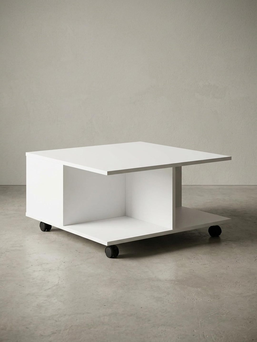 Couchtisch RAPIDO: 70x70x36,5 cm, 2 Schubladen, Rollen, Melaminharzbeschichtung, Weiss/Anthrazit Far