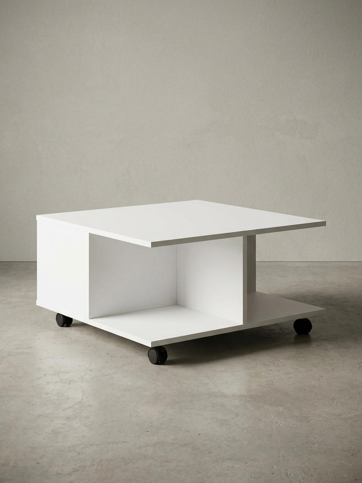 Couchtisch RAPIDO: 70x70x36,5 cm, 2 Schubladen, Rollen, Melaminharzbeschichtung, Weiss/Anthrazit Far