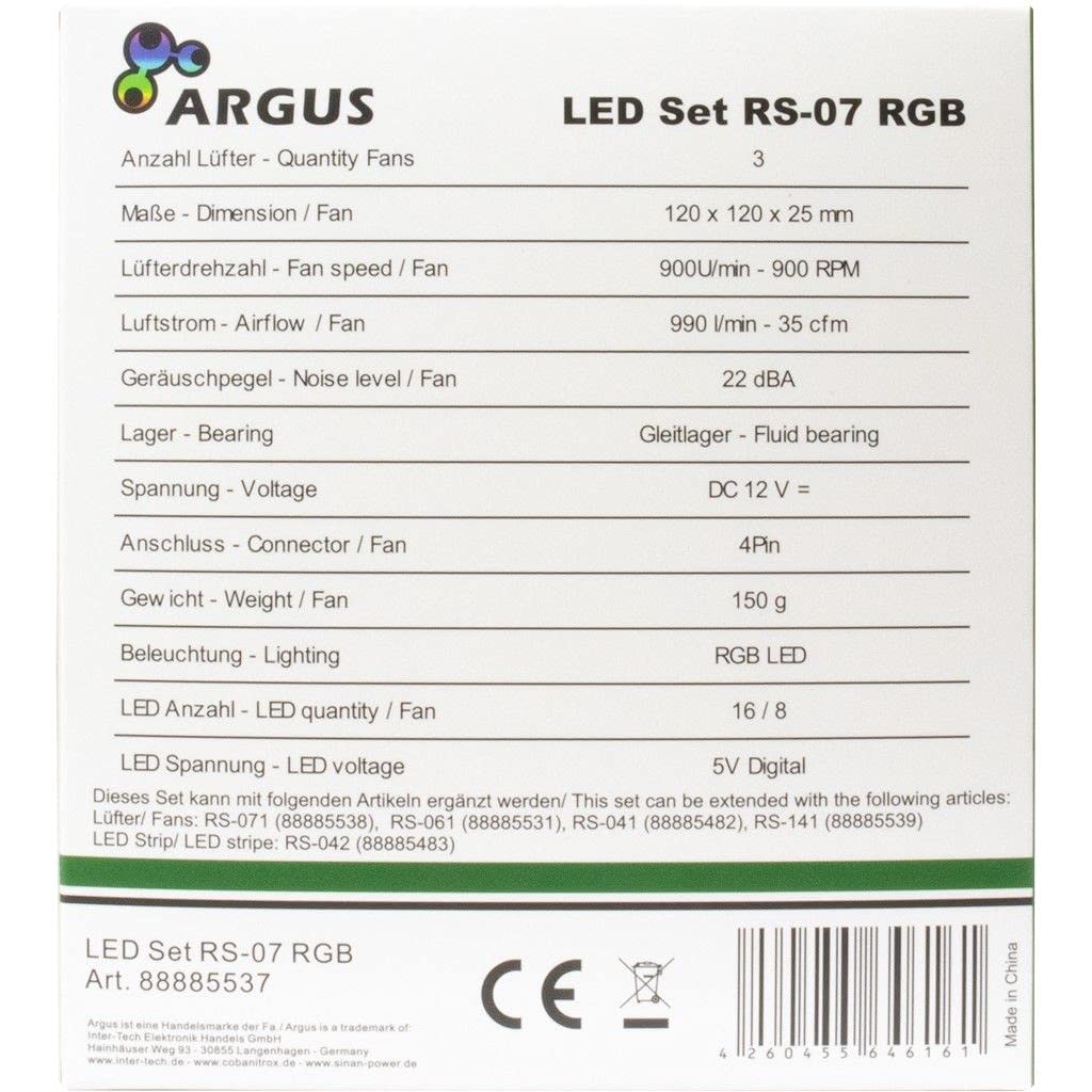 Inter-Tech Lüfter 120 * 120 * 25 ARGUS RGB-FAN SET RS-07, 3X LED