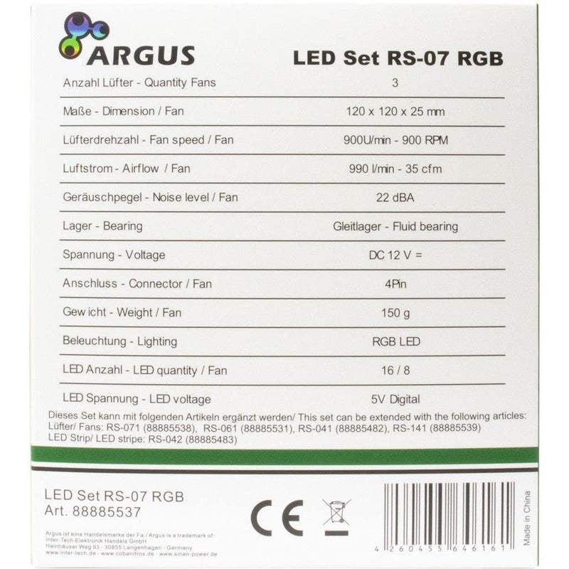 Inter-Tech Lüfter 120 * 120 * 25 ARGUS RGB-FAN SET RS-07, 3X LED