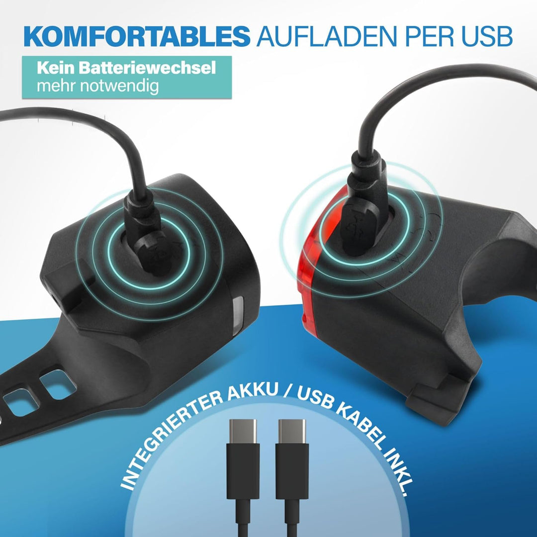 Fischer Fahrrad Beleuchtungsset Square, 40/20 Lux, Front- und Rückleuchte, mit Akku, USB-Ladefunktio