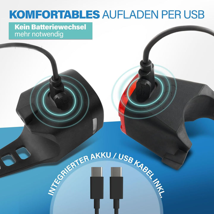Fischer Fahrrad Beleuchtungsset Square, 40/20 Lux, Front- und Rückleuchte, mit Akku, USB-Ladefunktio