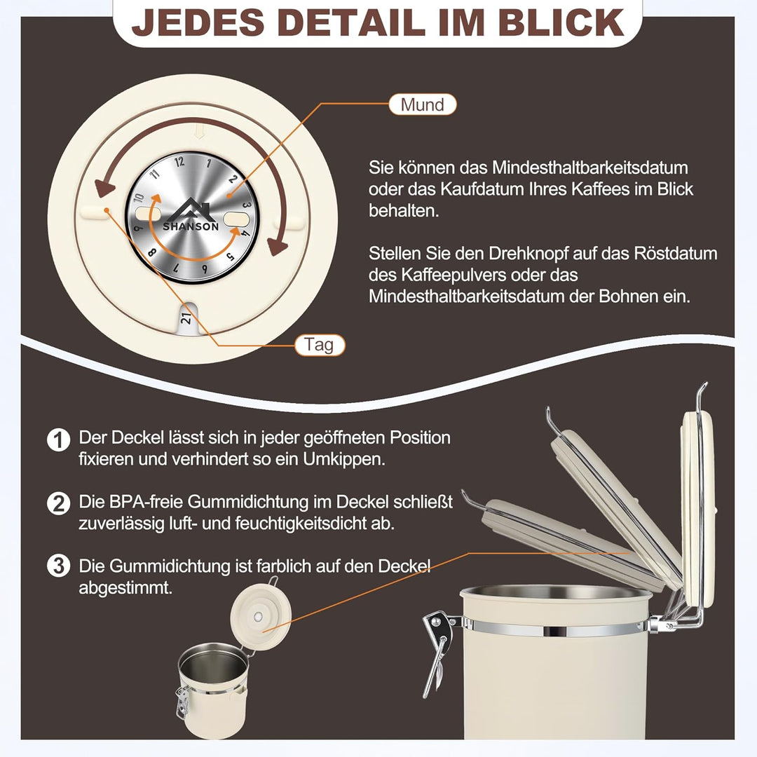ShanSon Kaffeedose, luftdicht, Edelstahl, Kaffeebohnen-Aufbewahrungsbehälter mit Schaufel, Kaffeedos